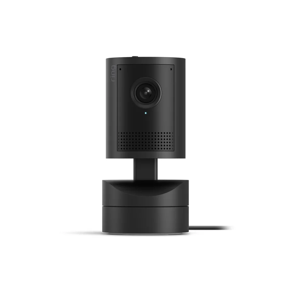 Ring Pan-Tilt Indoor Cam 2K in black, front view showing the lens, speaker grille and pan-tilt base