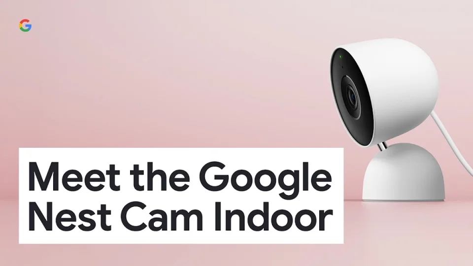 Google Nest Cam Indoor 3rd Gen in Snow on a side table in a living room
