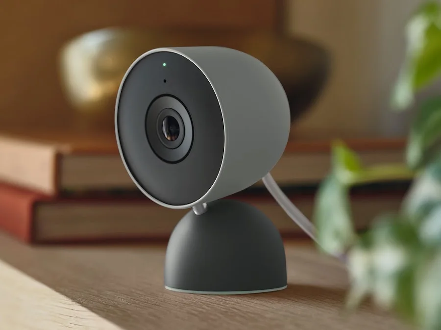 Google Nest Cam Indoor 3rd Gen in Hazel on a wooden table