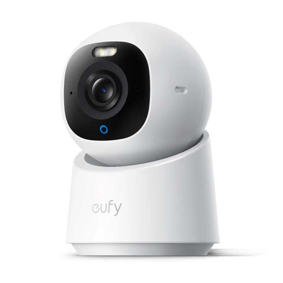 eufy Indoor Cam E30 front three-quarter view showing the 4K lens and spotlight