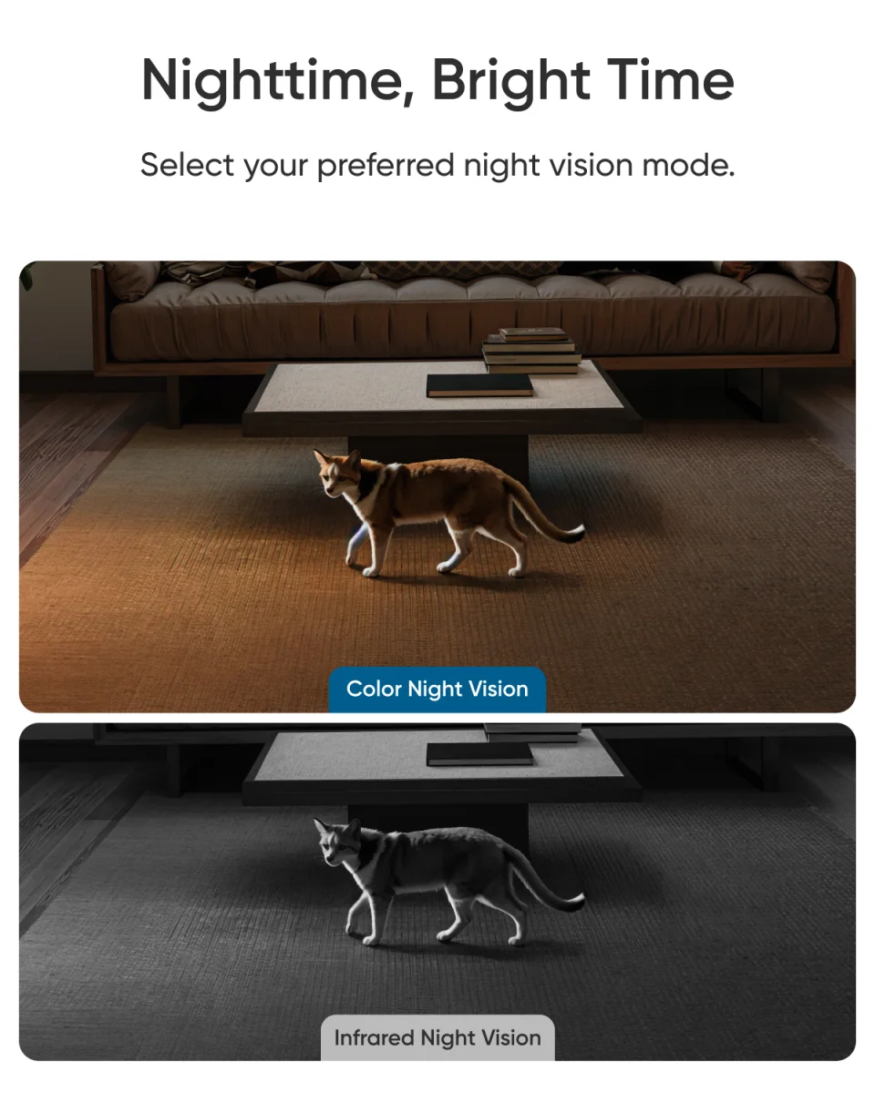 eufy Indoor Cam E30 colour night vision compared with infrared night vision