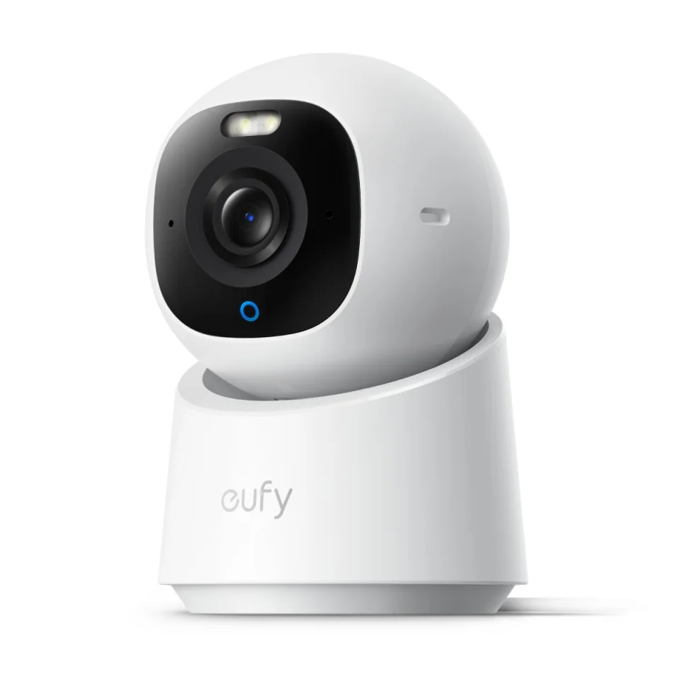 eufy Indoor Cam E30 in white, front three-quarter view showing the single 4K lens, built-in spotlight and blue status ring