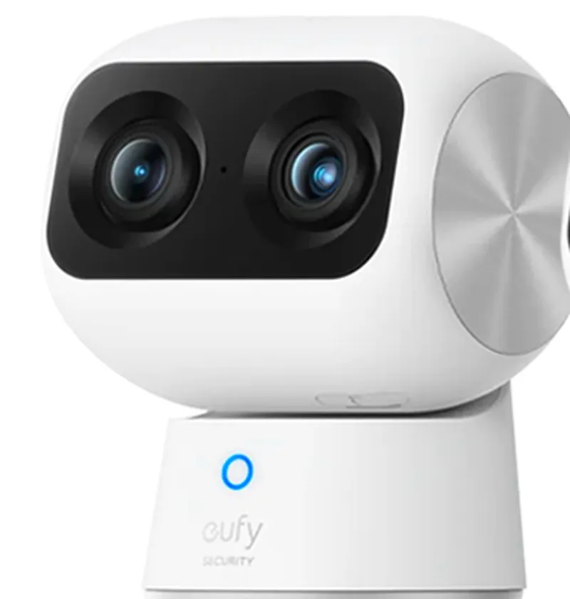 eufy Indoor Cam S350 front view showing both lenses — the 4K wide-angle lens and the 2K telephoto lens side by side