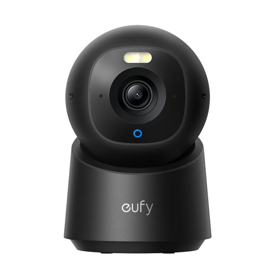 eufy Indoor Cam E30 in black, straight-on front view showing the lens, spotlight and blue status ring