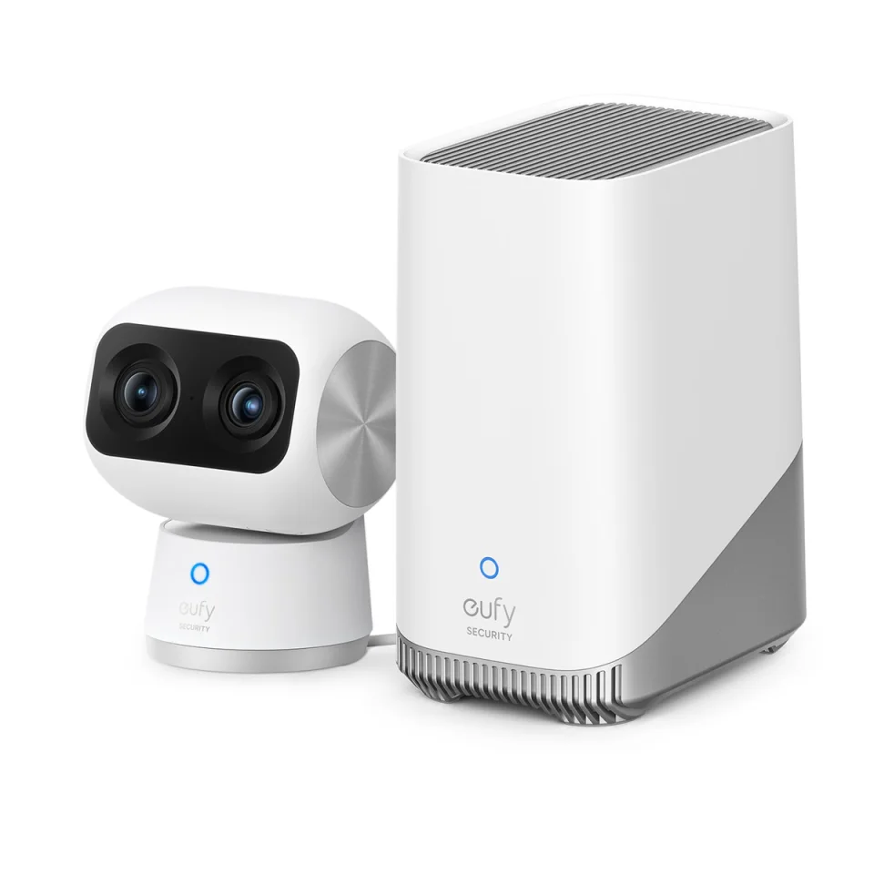 eufy Indoor Cam S350 next to a eufy HomeBase 3 (HomeBase S380), showing the optional centralized storage both eufy cameras support