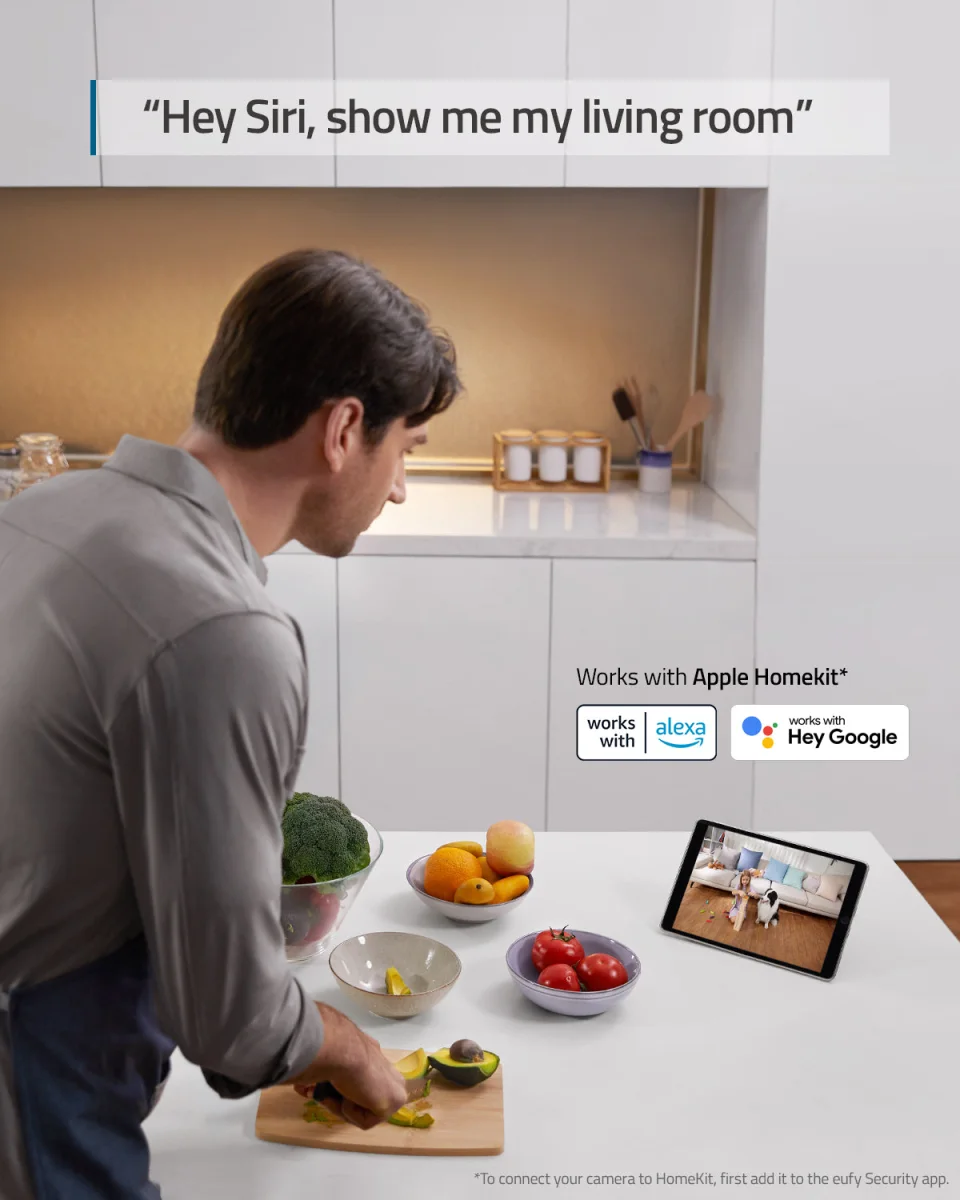 eufy official graphic showing the Indoor Cam E220 working with Apple HomeKit, Alexa and Google Assistant