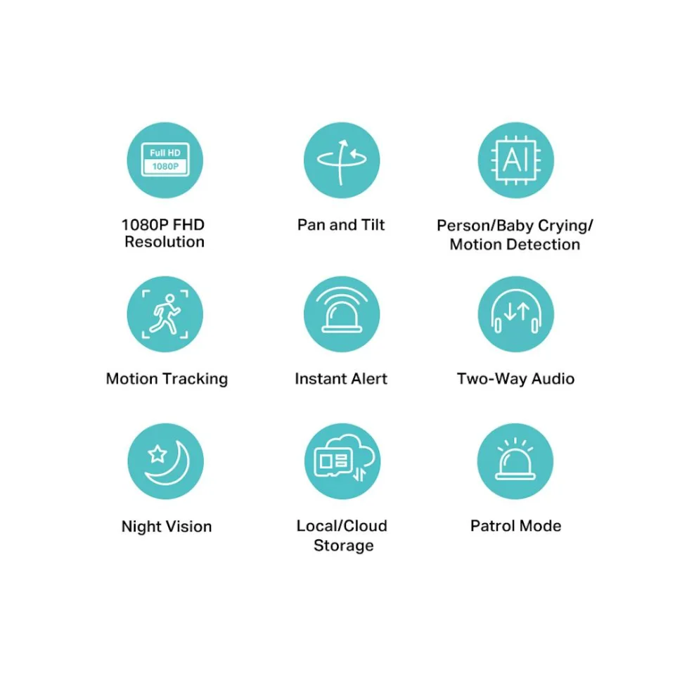 Official Kasa EC71 feature graphic listing 1080p resolution, pan and tilt, person and baby crying detection, motion tracking, night vision, and patrol mode