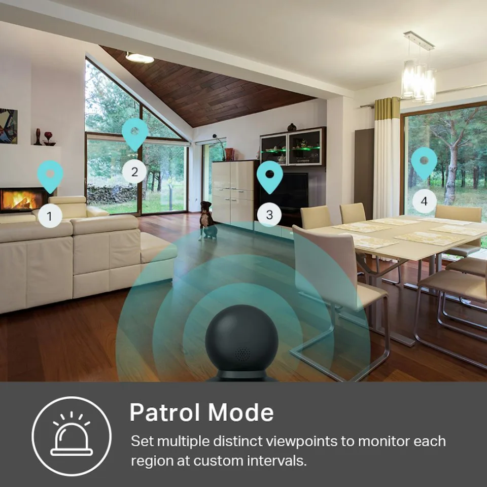 Kasa EC71 Patrol Mode graphic showing four saved viewpoints across a living and dining room