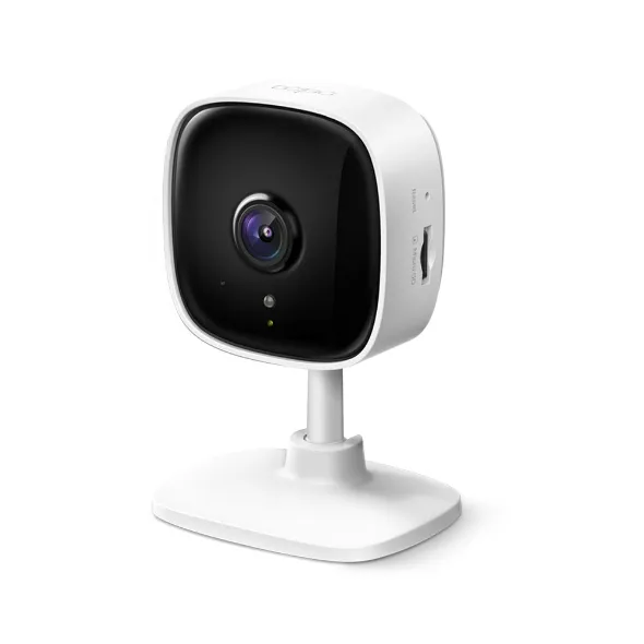TP-Link Tapo fixed indoor camera front view on its stand — the identical chassis shared by the Tapo C100 and Tapo C110