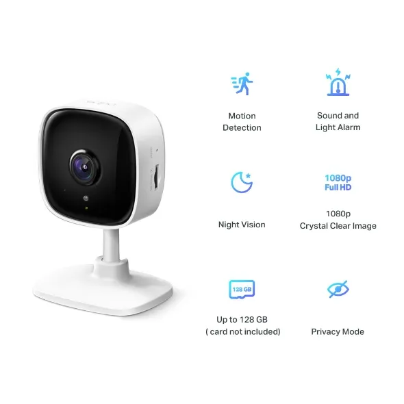 Official Tapo C100 feature graphic listing motion detection, sound and light alarm, night vision, 1080p Full HD and up to 128 GB microSD storage — the original storage figure before the firmware update raised it