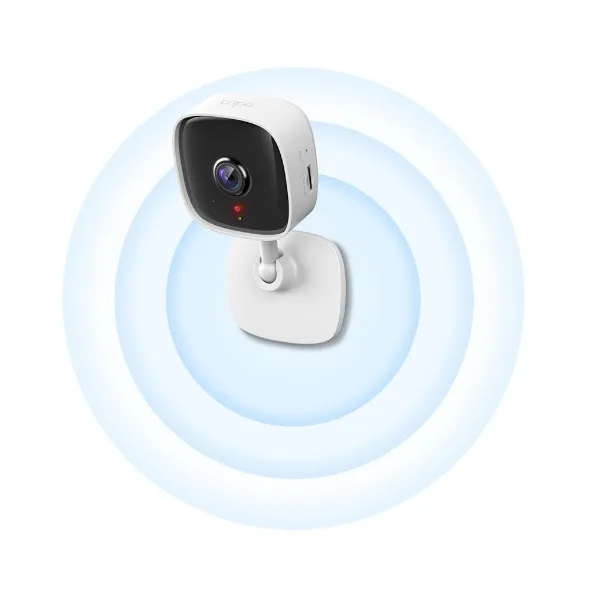 Tapo fixed indoor camera wall-mounted viewed from above — the mounting style shared by the Tapo C100 and Tapo C110