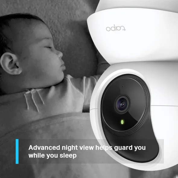 Tapo C210 advanced night view graphic showing black-and-white infrared monitoring of a sleeping baby