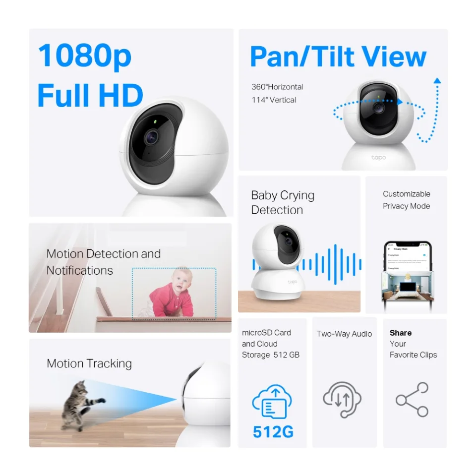 Official Tapo C200 feature collage showing 1080p Full HD, pan and tilt view, baby crying detection, motion tracking and 512 GB microSD storage