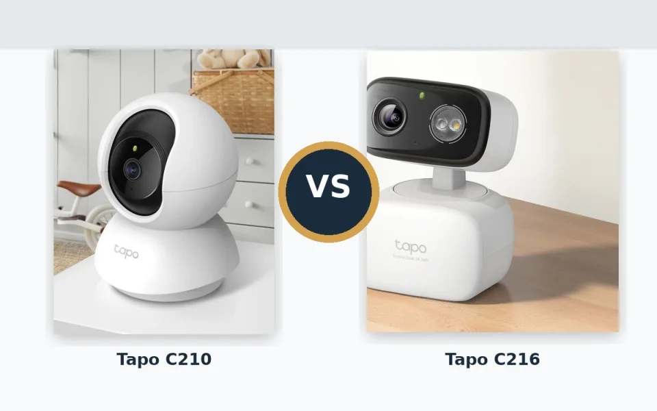 TP-Link Tapo C210 ball-style pan-tilt camera next to the Tapo C216 horizontal-bar camera with built-in spotlight