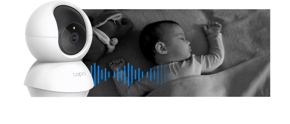 Tapo C210 camera beside its black-and-white infrared nursery view with baby-cry detection graphic