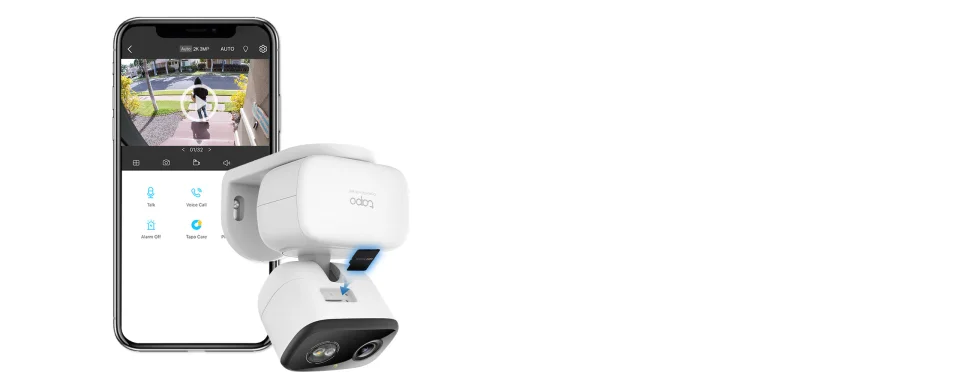 Tapo C216 showing its microSD card slot next to a phone running the Tapo app with a 2K live view