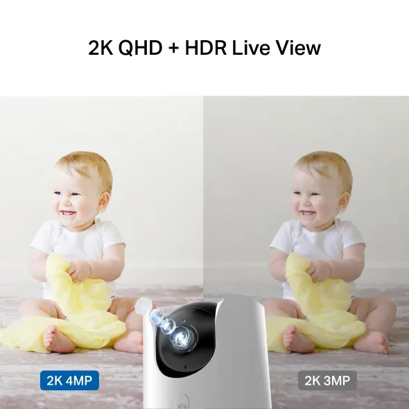 Tapo C225 2K QHD HDR graphic comparing its 2K 4MP image against a 2K 3MP image