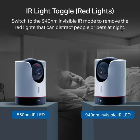 Tapo C225 infrared toggle graphic showing 850 nm IR LED mode beside 940 nm invisible IR LED mode over a sleeping child