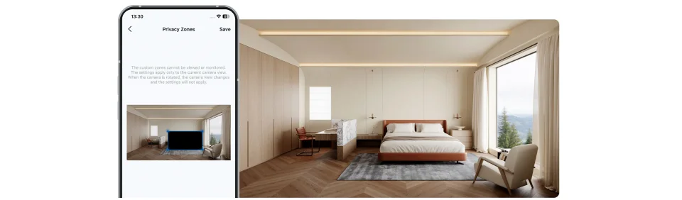Tapo app privacy zones screen masking part of a bedroom view on the Tapo C216