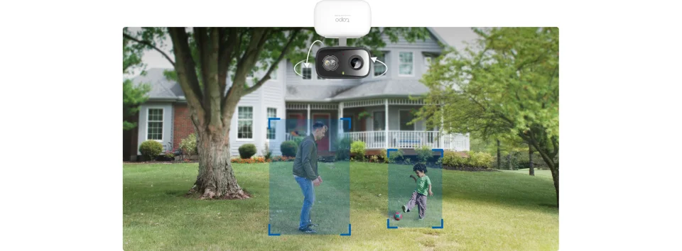Tapo C216 mounted outdoors over a front yard detecting two people on the lawn