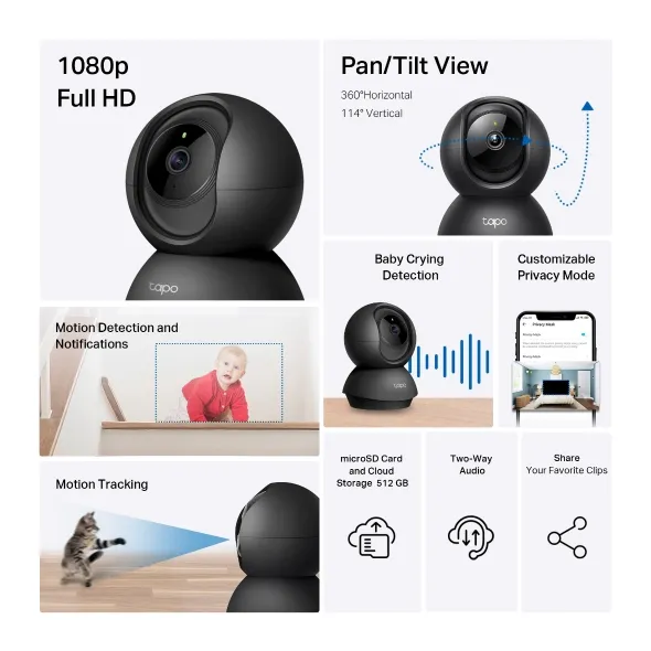 Tapo C201 official feature collage showing 1080p Full HD, pan and tilt view, baby crying detection, privacy mode and 512GB microSD storage
