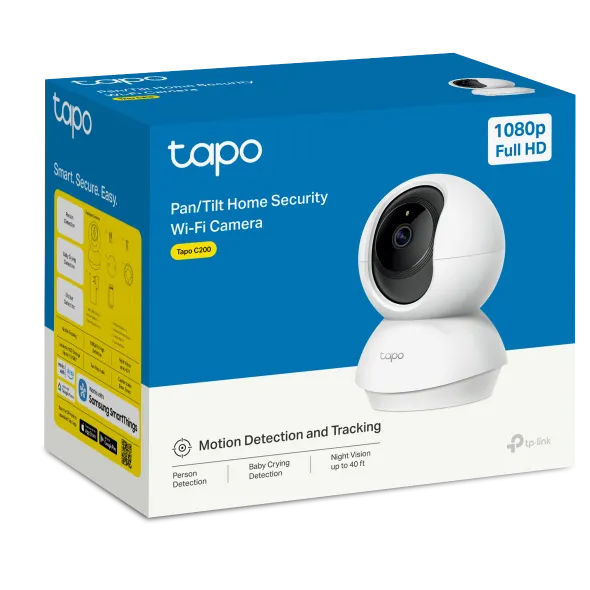 Tapo C200 retail box, official Tapo image, showing 1080p Full HD and night vision up to 40 ft printed on the packaging