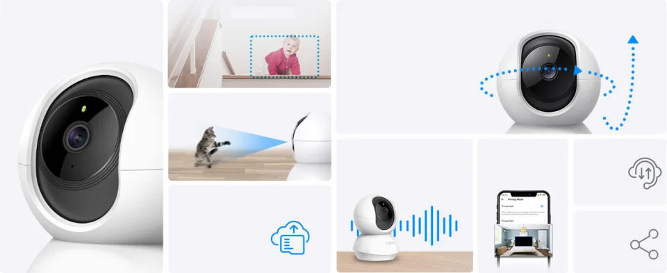 Tapo C200 family official feature collage showing pan and tilt view, motion detection, two-way audio and privacy mask