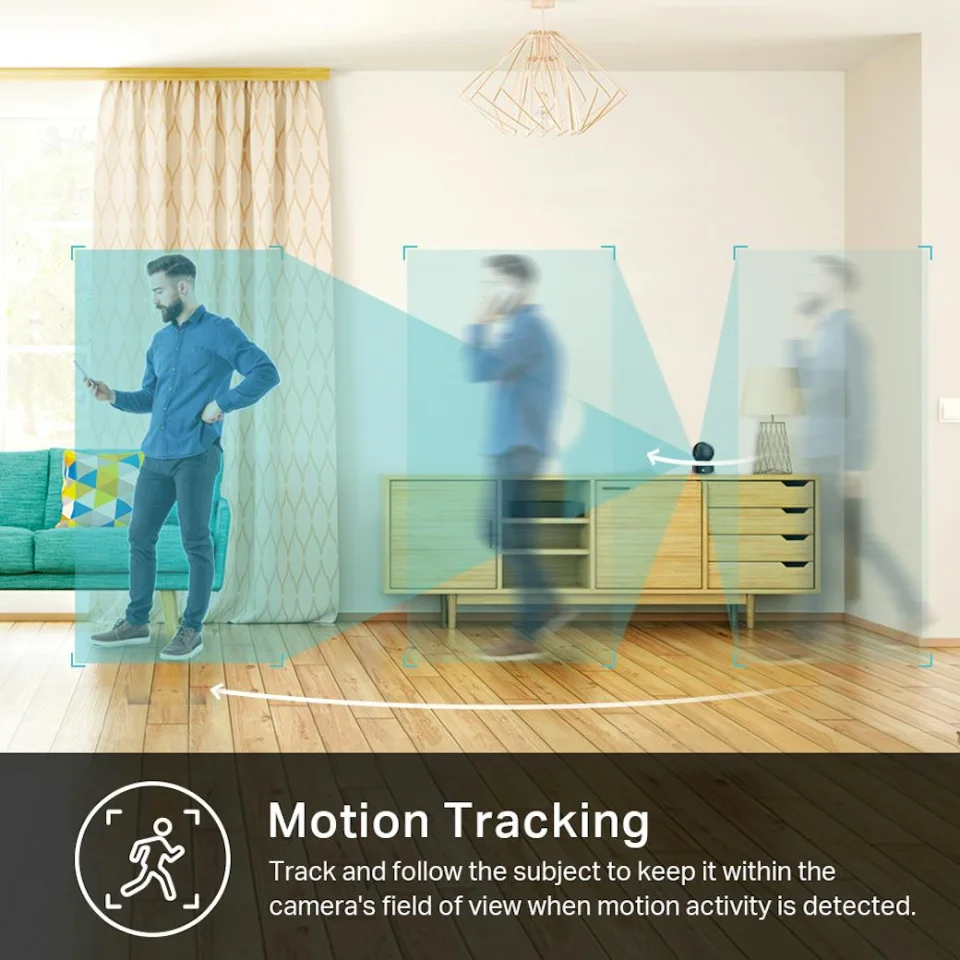 Official Kasa EC71 motion tracking graphic showing the black camera on a sideboard following a man across a living room