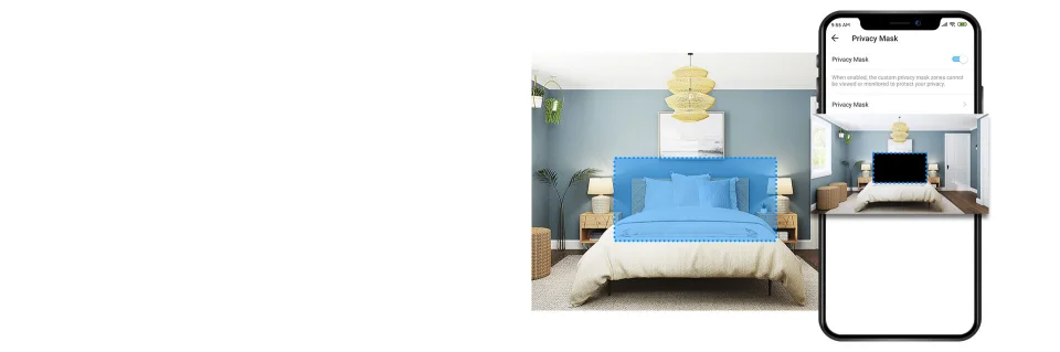 Official Tapo graphic showing a Privacy Mask zone drawn over a bed in the Tapo app for the C200 camera family