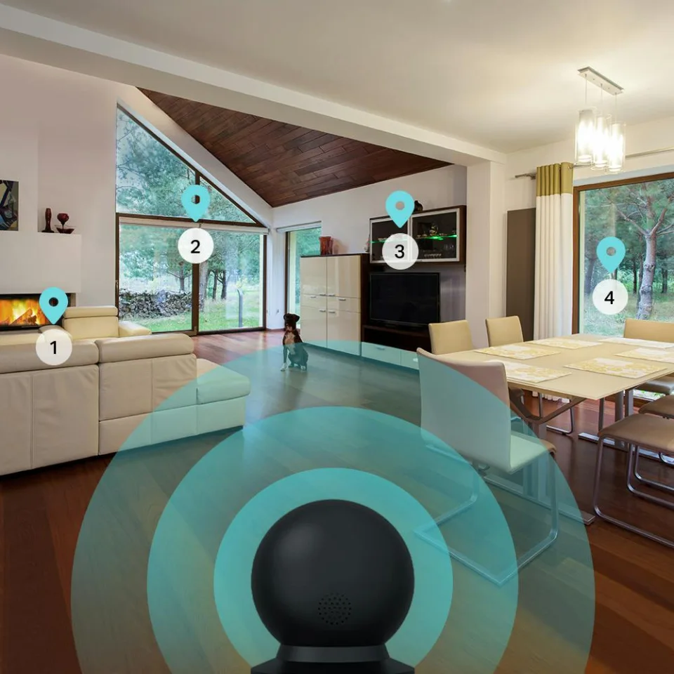 Official Kasa EC71 Patrol Mode graphic showing four numbered viewpoints across a living and dining room with the black camera at the bottom