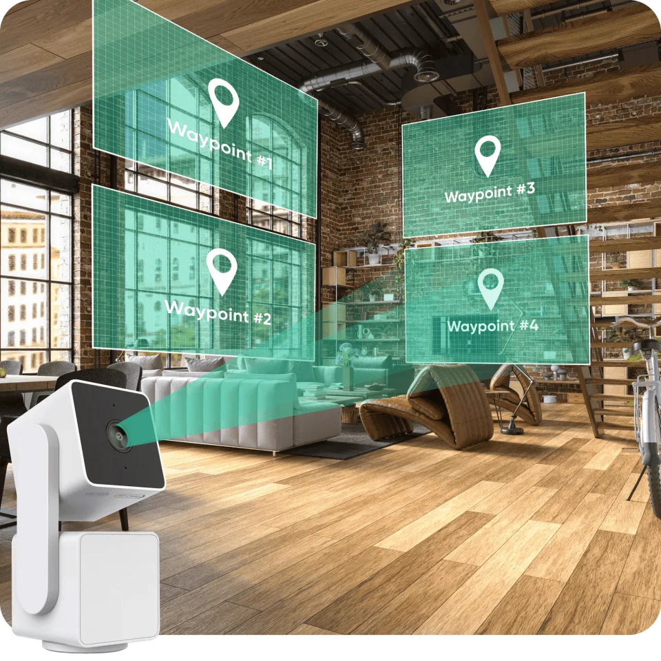 Official Wyze graphic showing the Cam Pan v3 projecting its four Pan Scan waypoints across a loft living room