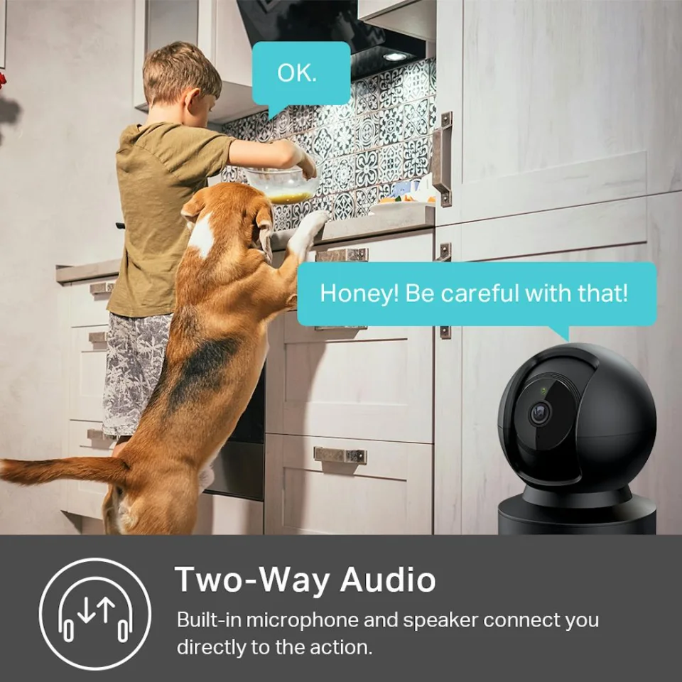 Official Kasa EC71 two-way audio scene showing a boy and a beagle at a kitchen counter with the black EC71 camera in the corner
