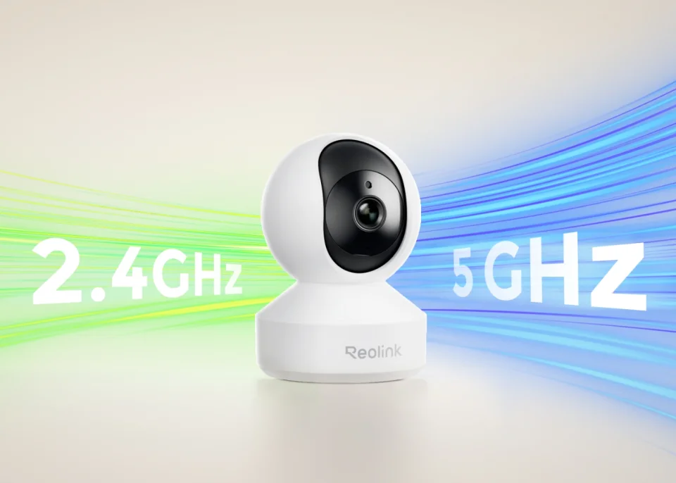 Official Reolink graphic of the white E1 Pro camera between 2.4GHz and 5GHz labels, showing its dual-band Wi-Fi