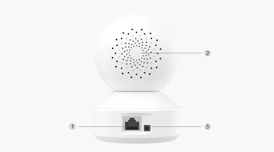 Rear view of the Reolink E1 Pro showing its Ethernet RJ45 port and DC power port on the base and the speaker grille on the ball