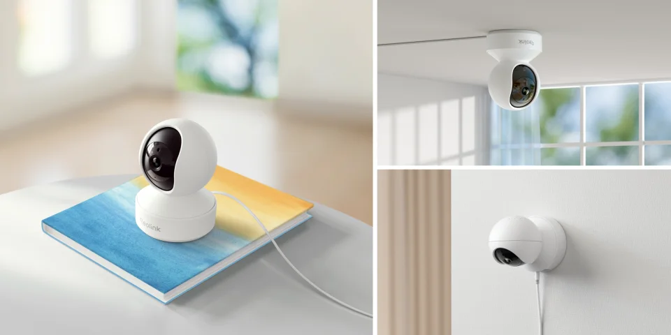 Reolink E1 Pro shown three ways: standing on a table, mounted upside down on a ceiling, and mounted on a wall