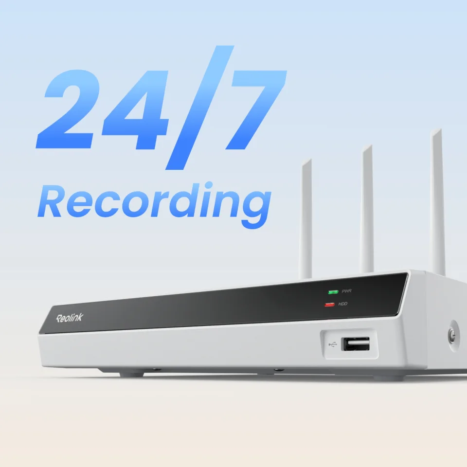 Reolink NVR recorder with 24/7 Recording graphic — the E1 Pro can record to a Reolink NVR or Home Hub as well as to its microSD card