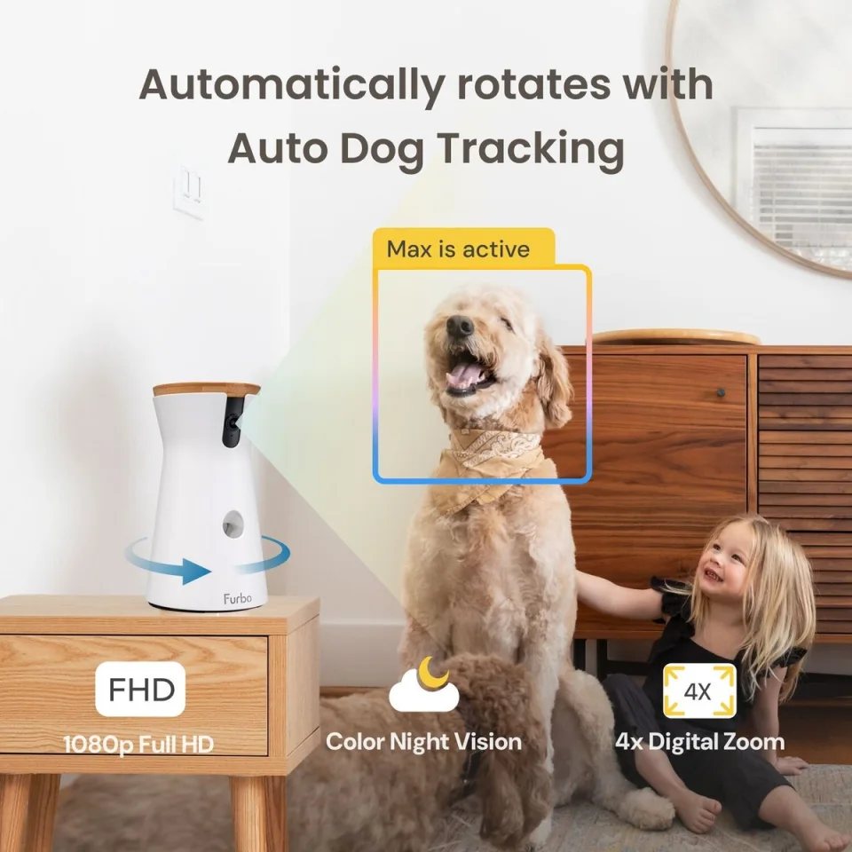Furbo 360 Dog Camera on a side table automatically rotating to track a dog, with 1080p Full HD, Color Night Vision and 4x digital zoom labels