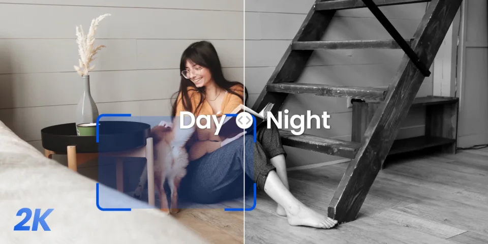 Reolink official 2K day and night view graphic, colour by day and infrared black-and-white by night, showing a woman with a dog
