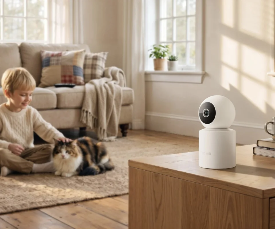 Reolink E1 Swift pan-tilt camera on a wooden cabinet in a living room, watching a child with a cat