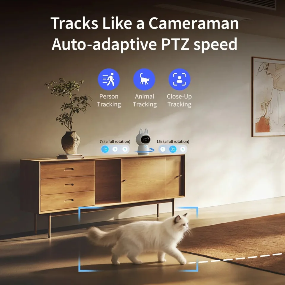 Aqara Camera Hub G350 on a sideboard auto-tracking a cat walking across a living room