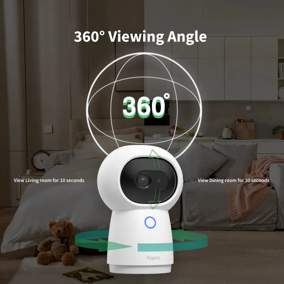 Aqara Camera Hub G3 graphic showing its 360-degree pan-and-tilt viewing angle over a living room and dining room