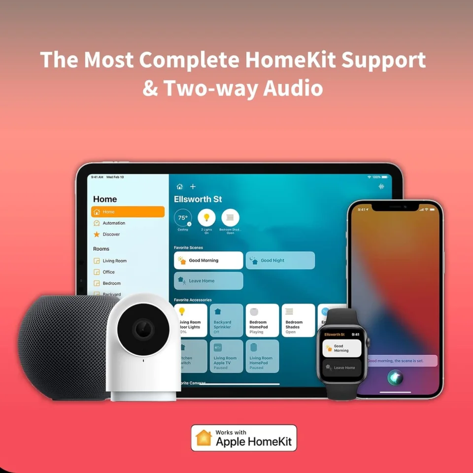 Aqara Camera Hub G2H Pro shown with Apple HomeKit on a tablet, phone and watch, highlighting HomeKit support and two-way audio