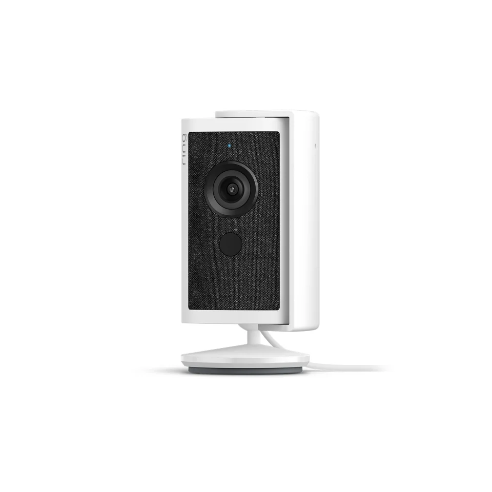 Ring Indoor Cam 4K in white, front view with lens and fabric-textured faceplate