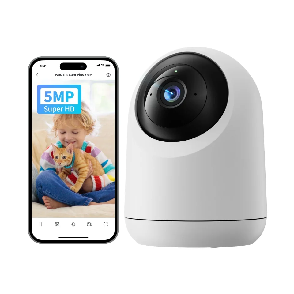 White SwitchBot Pan/Tilt Cam Plus 5MP next to a phone showing the SwitchBot app live view