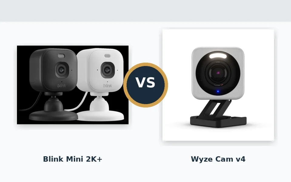 Blink Mini 2K+ in black and white next to the Wyze Cam v4 in a VS comparison graphic