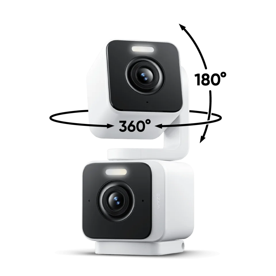 Wyze Duo Cam Pan showing its stacked fixed and pan-and-tilt lenses with 360-degree pan and 180-degree tilt markings