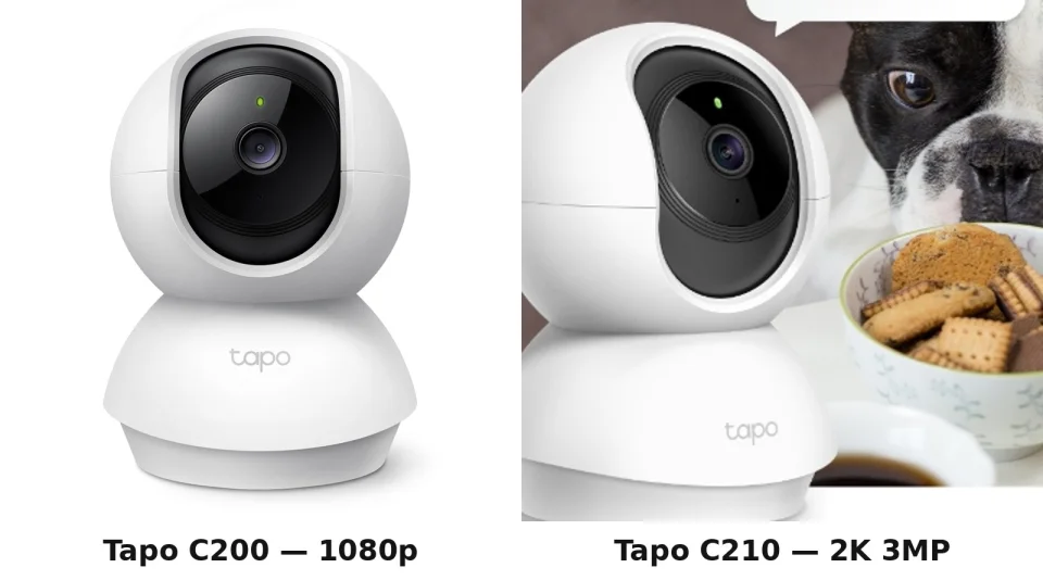 TP-Link Tapo C200 1080p pan-tilt camera side by side with the Tapo C210 2K 3MP pan-tilt camera