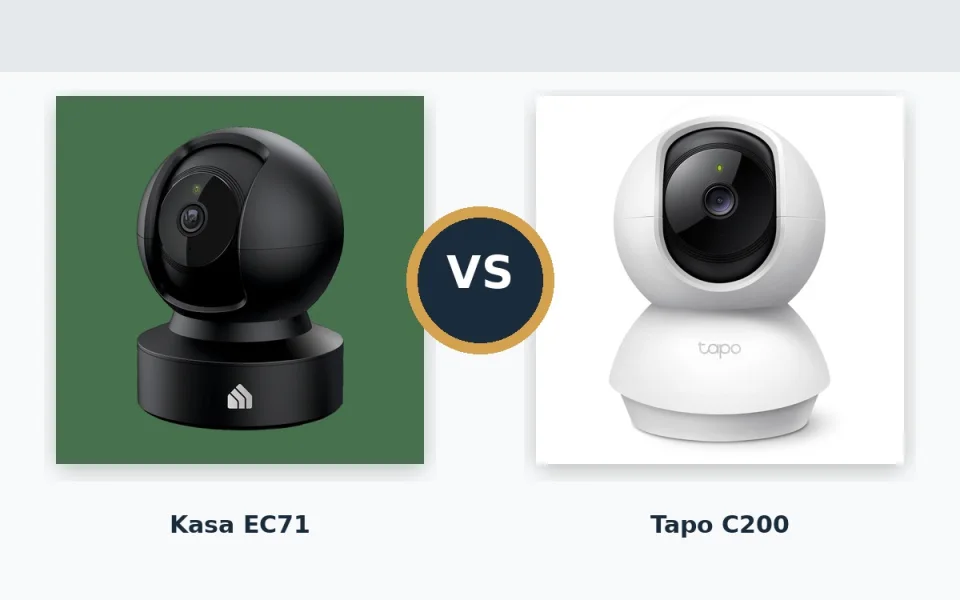 Black Kasa EC71 pan-tilt camera side by side with the white TP-Link Tapo C200 pan-tilt camera