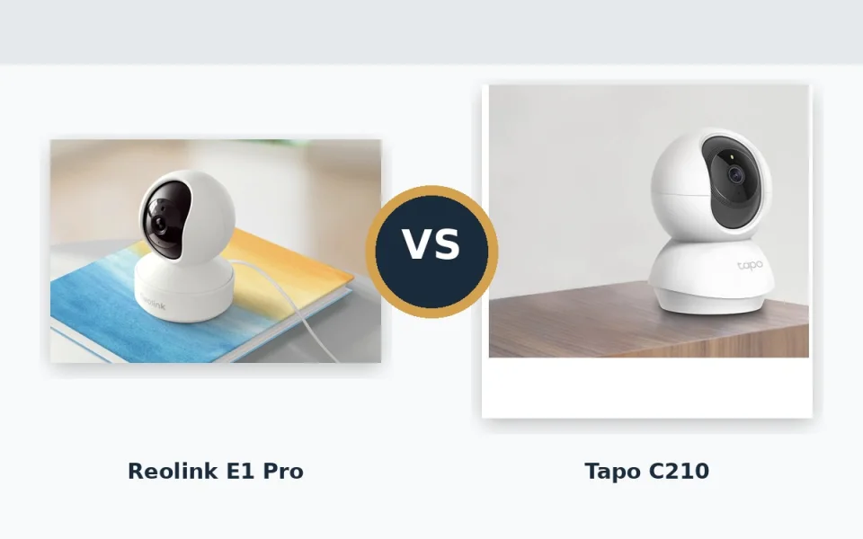 Reolink E1 Pro on the left versus Tapo C210 on the right, two white pan-and-tilt indoor cameras compared side by side