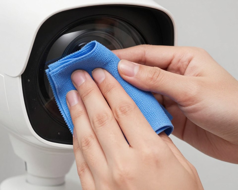 Hands cleaning indoor camera lens with microfiber cloth